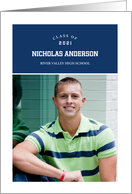Graduation Announcement for Son Navy Blue and White Minimalist Photo card