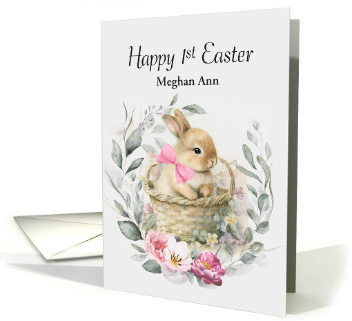 Happy 1st Easter Custom Name Girl Boho Bunny Wreath card (1762162)