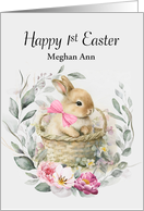 Happy 1st Easter Custom Name Girl Boho Bunny Wreath card