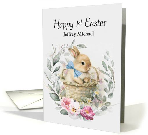 Happy 1st Easter Custom Name Boy Boho Bunny Wreath card (1762164)