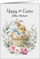 Happy 1st Easter Custom Name Boy Boho Bunny Wreath card