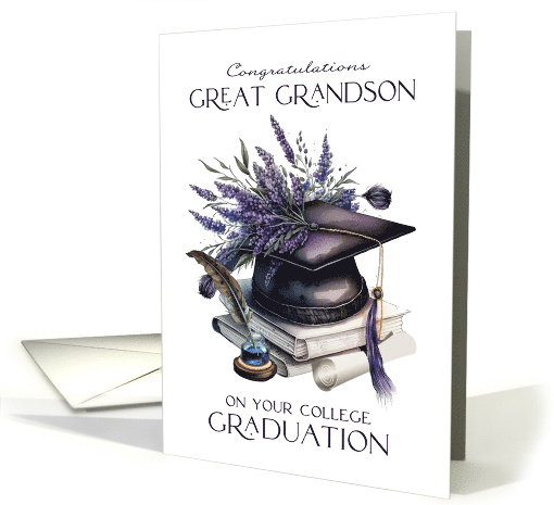 Great Grandson College Graduation Cap Quill Lavender Laurels card