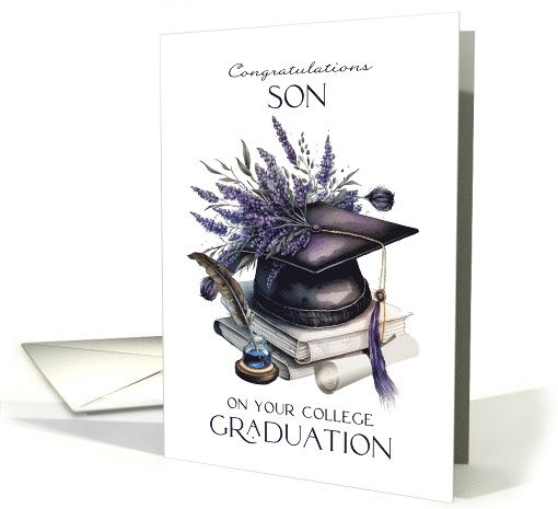 Son Congratulations College Graduation Cap Quill Lavender Laurels card