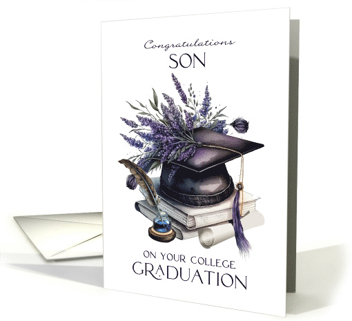 Son Congratulations College Graduation Cap Quill Lavender Laurels card
