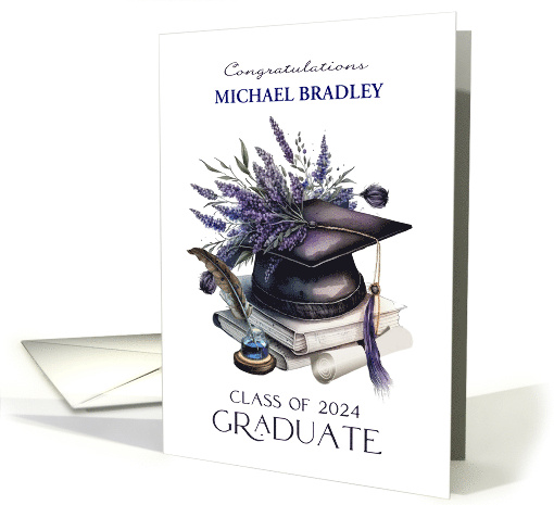 Custom Name Class of 2024 Graduation Cap Quill Lavender Laurels card