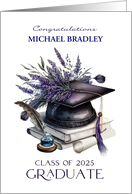 Custom Name Class of 2025 Graduation Cap Quill Lavender Laurels card