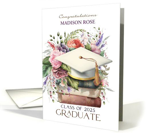 Custom Name Class of 2025 Graduation Cap Books Pink Peonies card