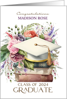 Custom Name Class of 2024 Graduation Cap Books Pink Peonies card