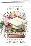 Daughter Congratulations High School Graduation Cap Books Pink Peonies card