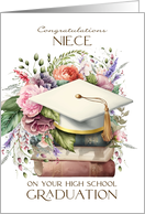 Niece Congratulations High School Graduation Cap Books Pink Peonies card