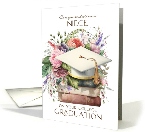 Niece Congratulations College Graduation Cap Books Pink Peonies card