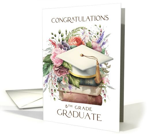 Congratulations 8th Grad Graduate Cap Books Pink Peonies card