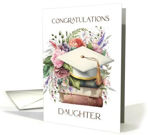 Congratulations Daughter Graduation Cap Books Pink Peonies card