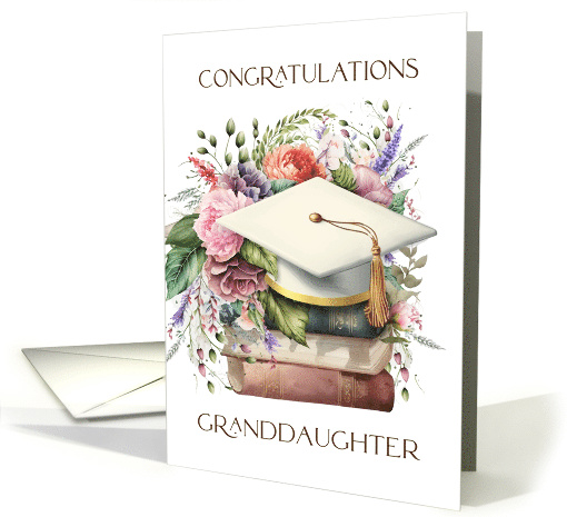 Congratulations Granddaughter Graduation Cap Books Pink Peonies card