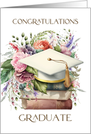 Congratulations Graduate General Graduation Cap Books Pink Peonies card