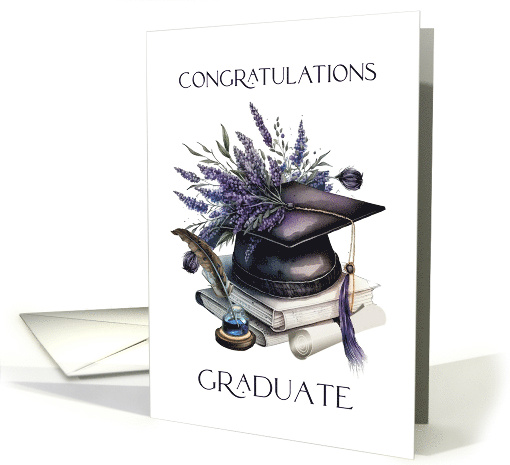 Graduate General Graduation Cap Books Quill Lavender Laurels card