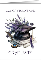 Graduate General Graduation Cap Books Quill Lavender Laurels card