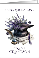 Great Grandson Graduation Cap Books Quill Lavender Laurels card