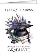 Congratulations Junior High Graduate Cap Books Quill Lavender Laurels card