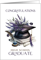 Congratulations High School Graduate Cap Books Quill Lavender Laurels card
