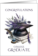 Congratulations College Graduate Cap Books Quill Lavender Laurels card