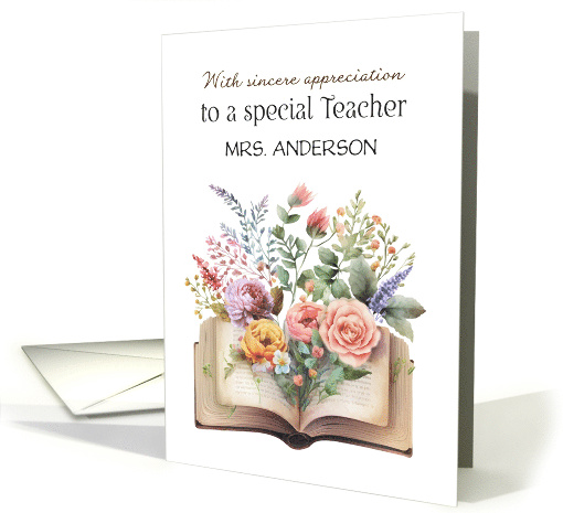 Teacher Appreciation Custom Name with Book and Floral Bouquet card
