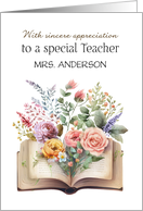 Teacher Appreciation Custom Name with Book and Floral Bouquet card