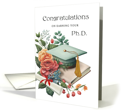 PhD Graduation Congratulations Teal Blue Cap Book and Laurels card