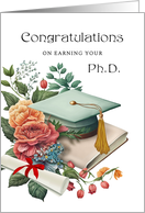 PhD Graduation Congratulations Teal Blue Cap Book and Laurels card