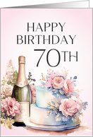 70th Birthday Floral Pink Champagne and Cake card