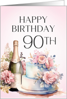 90th Birthday Floral Pink Champagne and Cake card