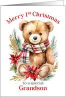 Merry First Christmas Teddy Bear for Grandson card