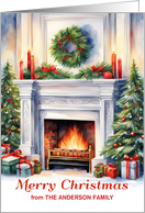 Merry Christmas Cozy Fireplace with Custom Name card