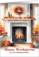 Happy Thanksgiving Cozy Fireplace Custom Name card