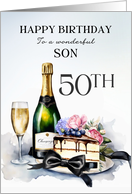 Son 50th Birthday Champagne and Cake card
