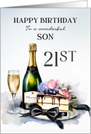Son 21st Birthday Champagne and Cake card