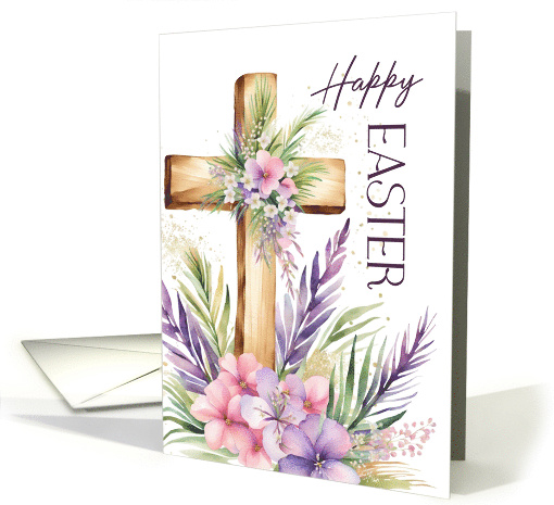 Happy Easter Rustic Wooden Cross with Watercolor Flowers card