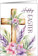 Happy Easter Rustic Wooden Cross with Watercolor Flowers card