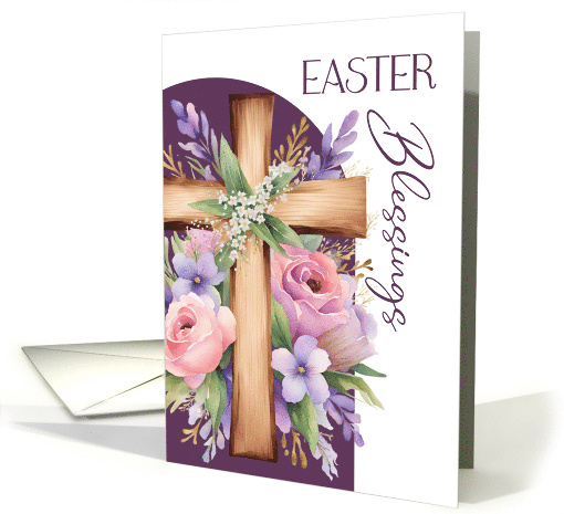 Easter Blessings Rustic Wooden Cross with Watercolor Flowers card