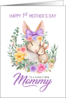 Happy First Mothers Day Watercolor Bunny Mom and Baby card