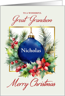 Custom Blue Christmas Ornament for Great Grandson card