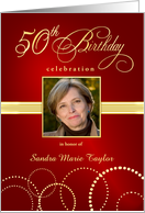 50th Birthday Party Invitations with Your Custom Photo - Elegant Red & Gold card