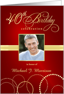 40th Birthday Party Invitations with Your Custom Photo - Elegant Red & Gold card