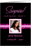 Surprise Birthday Party Invitations with Your Custom Photo - Hot Pink Zebra Stripes on Black card