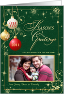 Season’s Greetings - Personalized Holiday Greeting Cards with Custom Photo - Elegant Antique Green & Gold with Monogram card
