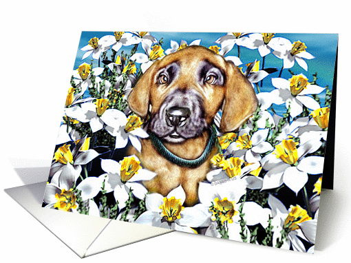 Great Dane Pup Fawn In the Daffodils card (143961)