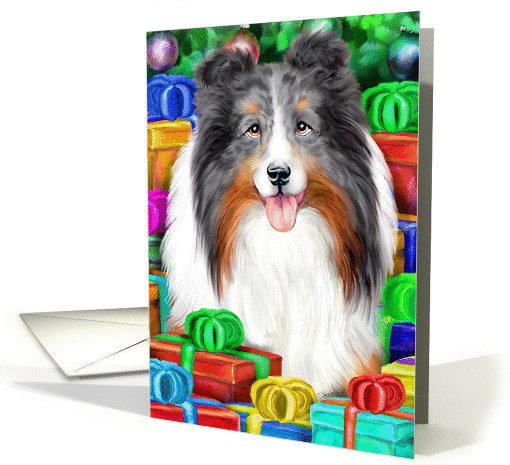 Blue Merle Sheltie Dog Christmas Open Gifts NOW card (315068)