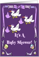 Purple Stork Triplets Baby Shower Invitation card