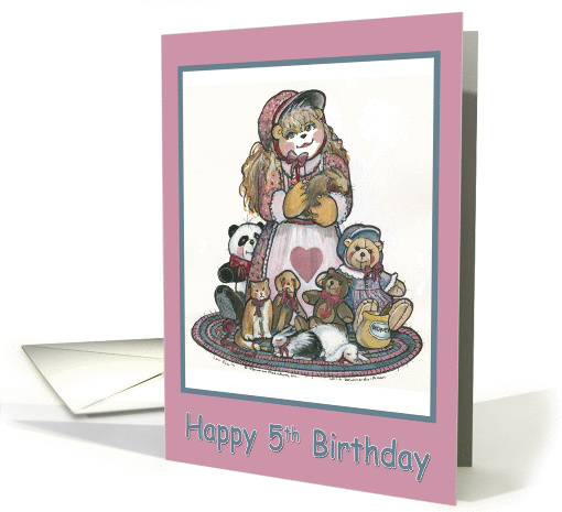 5th Birthday - Girl with animals card (80023)