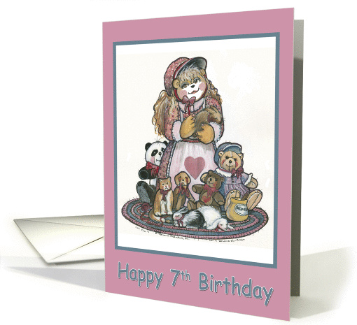 7th Birthday - Girl with animals card (80027)